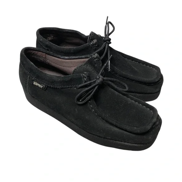 Vtg 90's Y2K Esprit Suede Loafer Black Platform Square Toe Sz 6.5 Retro Grunge - Picture 2 of 10